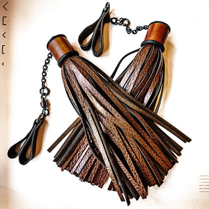 Poi/Chocolate Finger Floggers (pair, each 33cm leather + 25cm finger loops and chain)