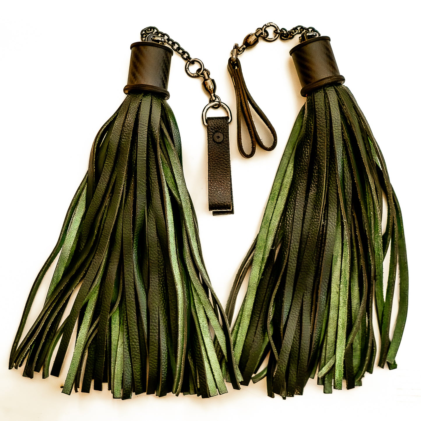 Poi/Fir Green Finger Floggers (pair, each 33cm leather + 25cm finger loops and chain)